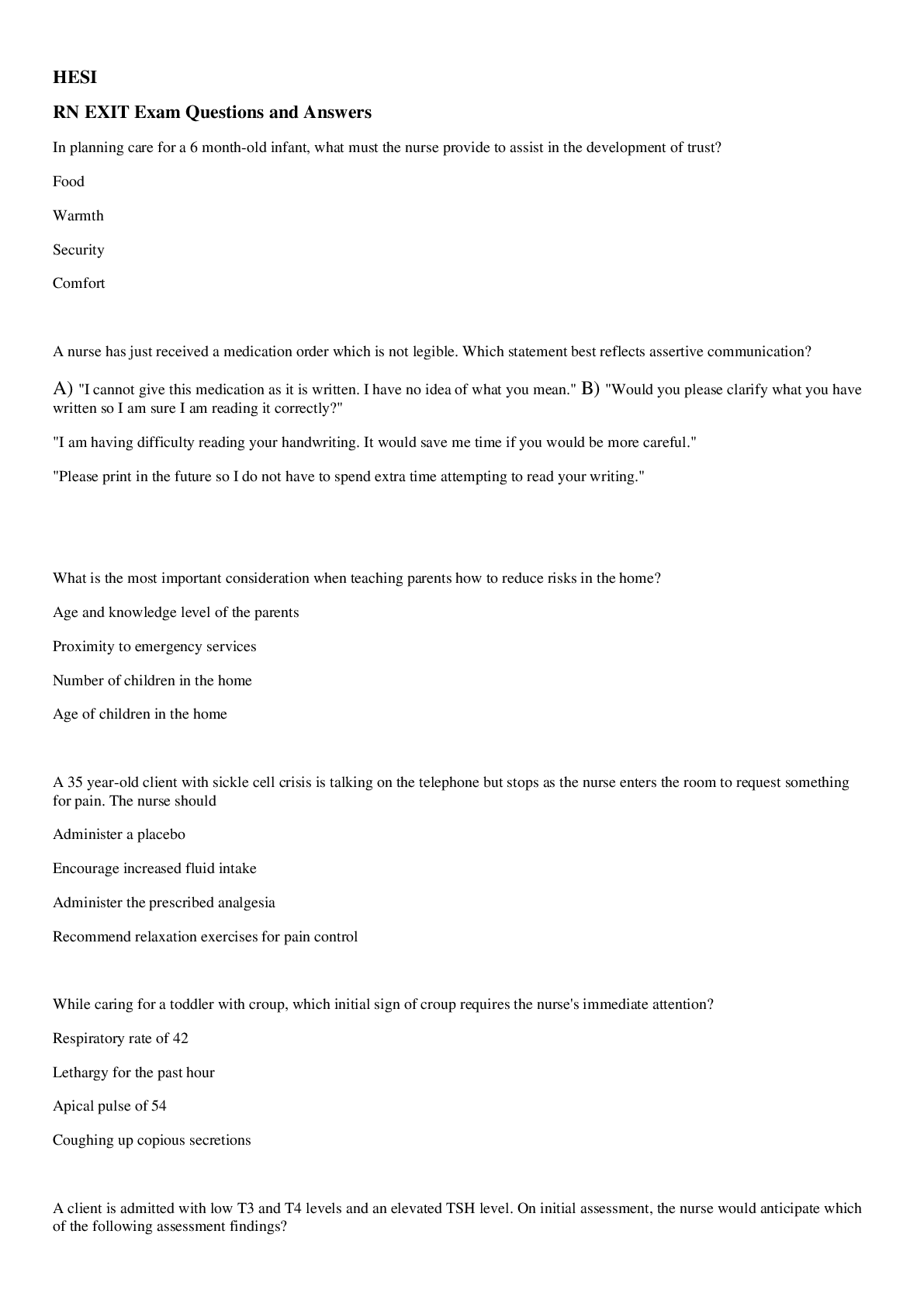 Preview image for HESI  RN EXIT Exam Questions and Answers